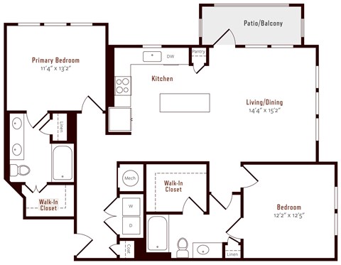 Floor plan for 2 beds, 2 baths, 1224 sqft